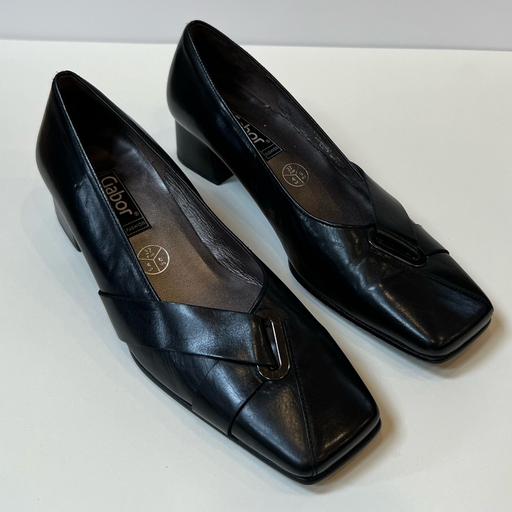 Gabor Leather Square Toe Black Block Heels